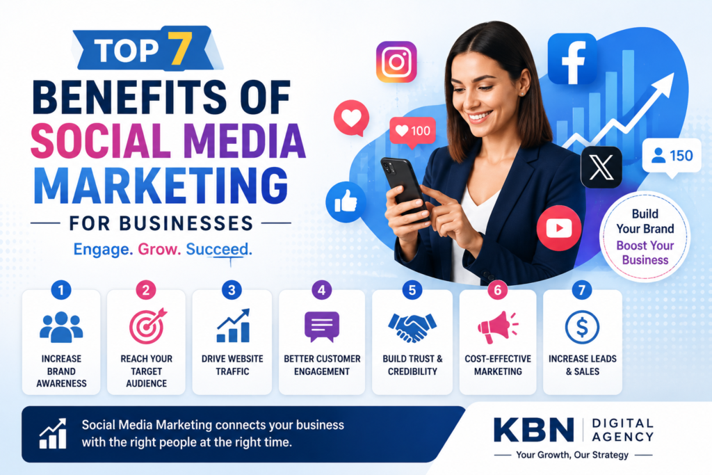 "Top 7 benefits of social media marketing for businesses infographic featuring Facebook, Instagram, and social media growth strategies to increase brand awareness, customer engagement, leads, and sales with KBN Digital Agency."