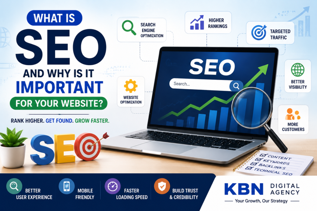 "What is SEO and why is it important for your website infographic showing search engine optimization, Google rankings, website visibility, targeted traffic, and business growth strategies by KBN Digital Agency.