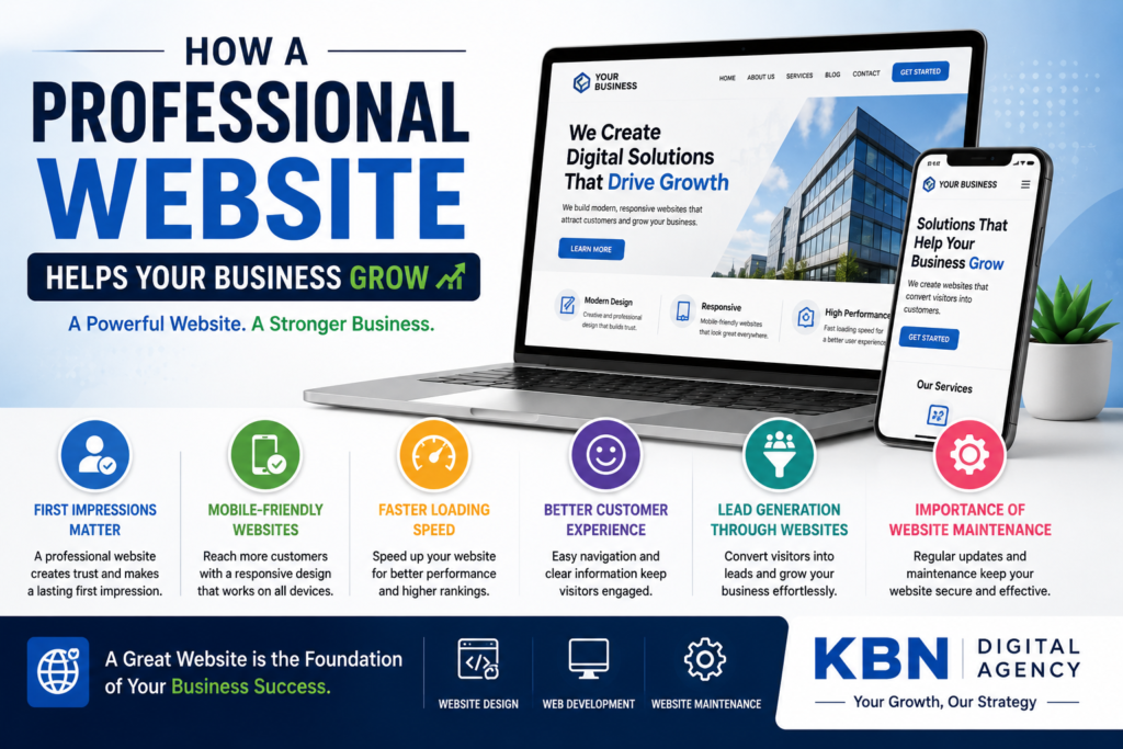 Professional business website design showcasing responsive web development, mobile-friendly design, fast loading speed, lead generation, customer experience, and website maintenance services by KBN Digital Agency."