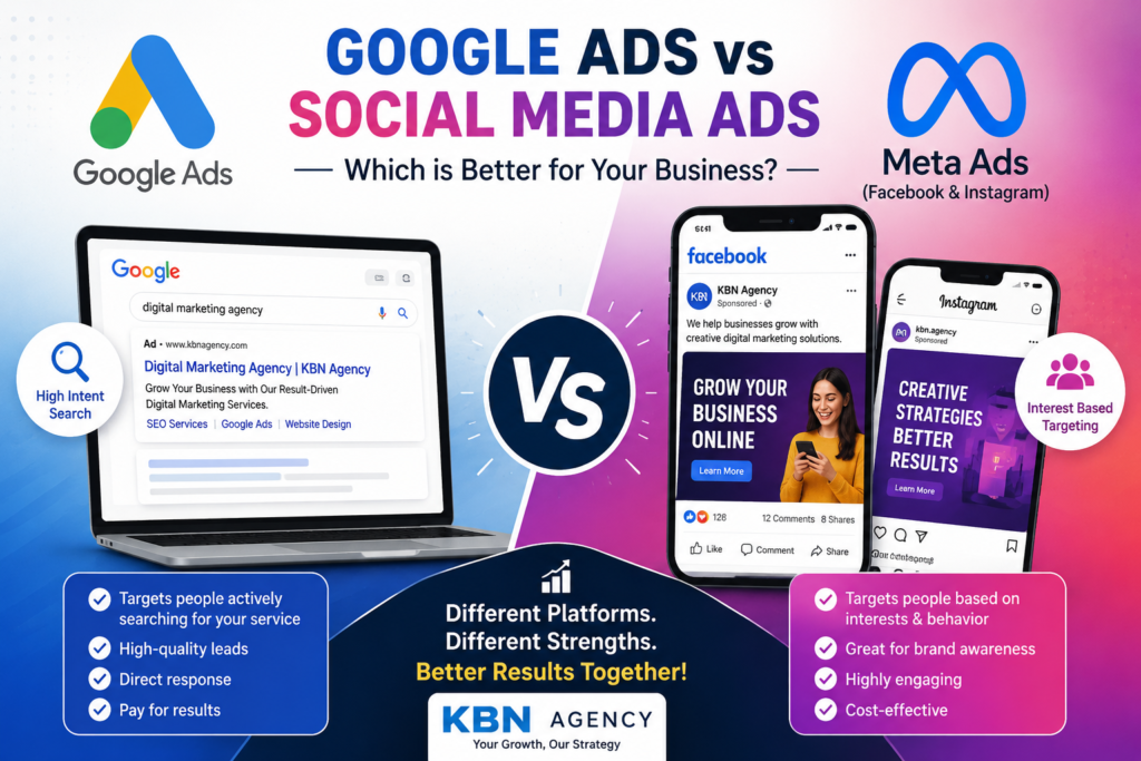 "Google Ads vs Social Media Ads comparison infographic showing Google search advertising and Meta Ads (Facebook and Instagram) marketing strategies for businesses. The image highlights audience targeting, lead generation, brand awareness, customer engagement, and online advertising benefits, presented by KBN Agency."