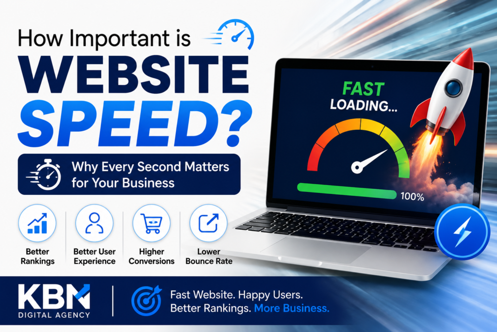 How important is website speed? Illustration showing a fast-loading website with a speedometer, rocket, and laptop highlighting SEO, user experience, conversions, and business growth by KBN Digital Agency